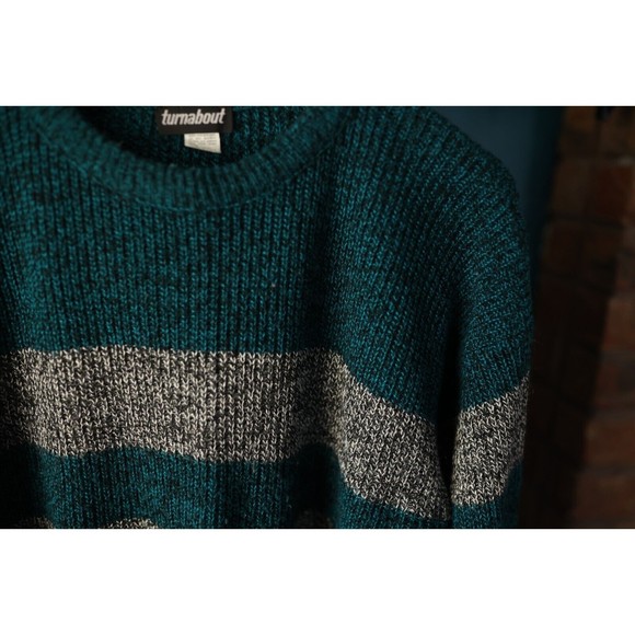 Vintage Turnabout Pullover Sweatshirt Gray & Teal Striped Size L Large USA - Picture 7 of 11